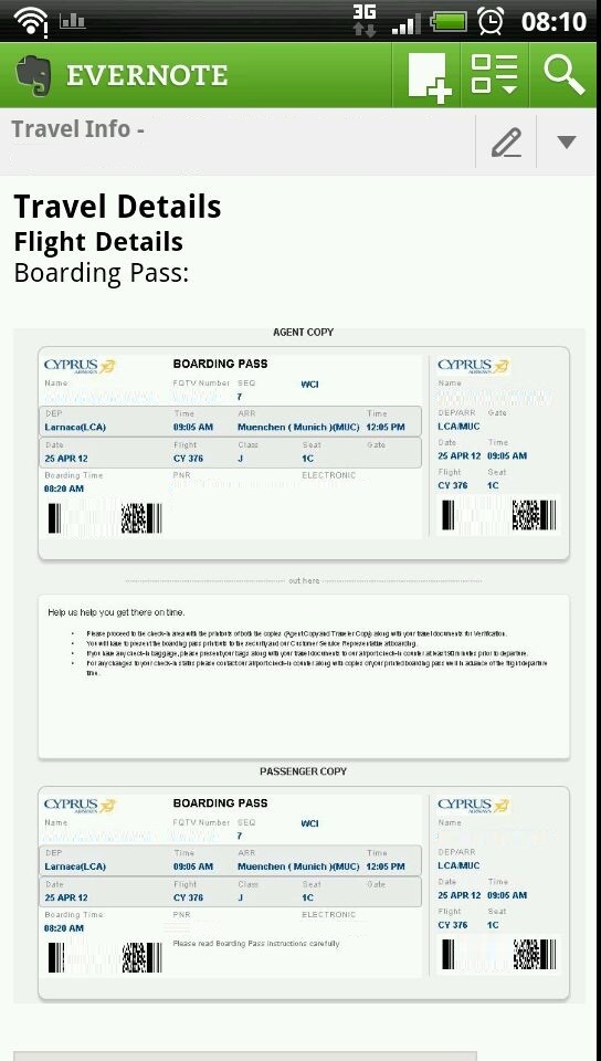 Travel Note with boarding pass