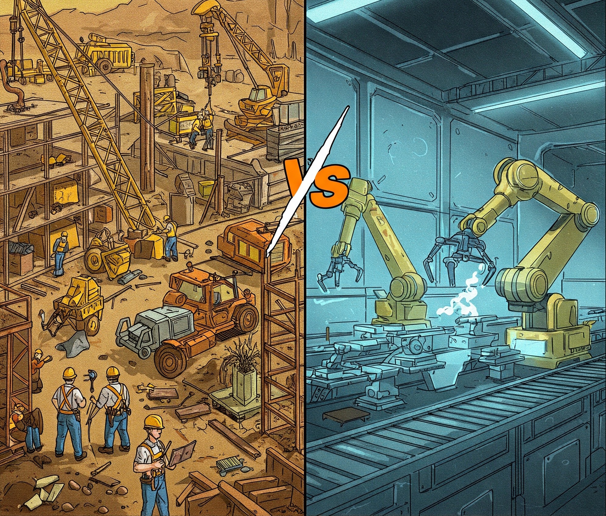 Comparing the chaos of a construction site symbolizing the traditional technologies vs the order of a factory assembly line
