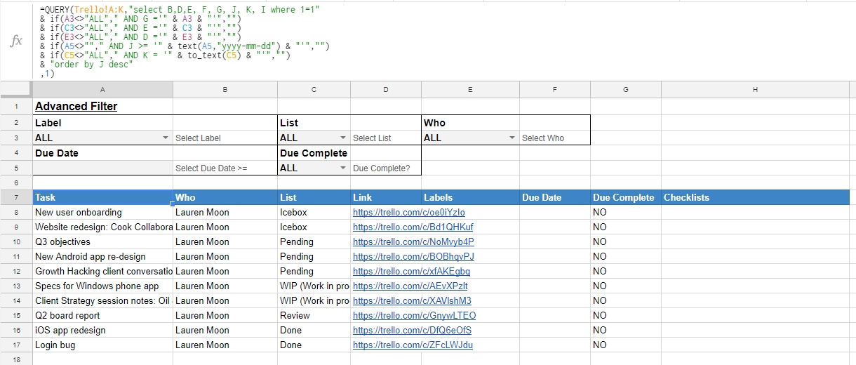 Google sheet query screenshot