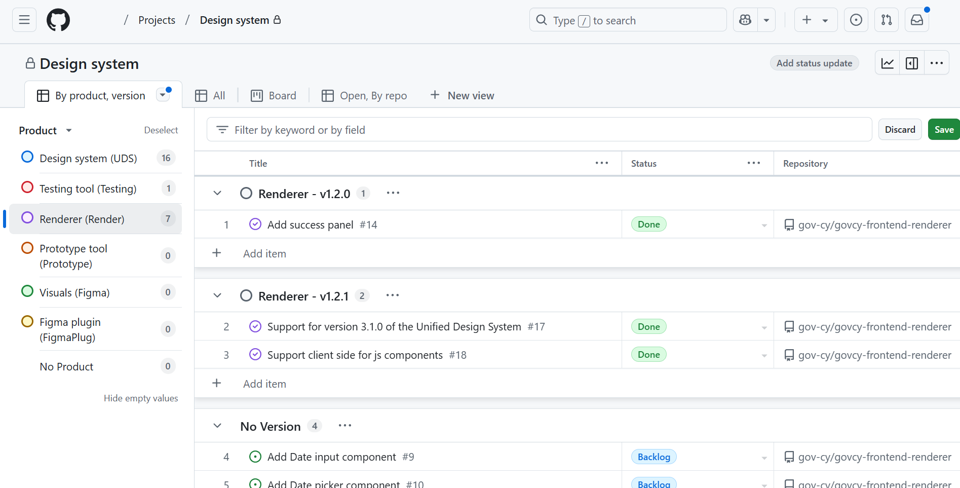 Screenshot of GitHub project, showing the "by product and version" view 